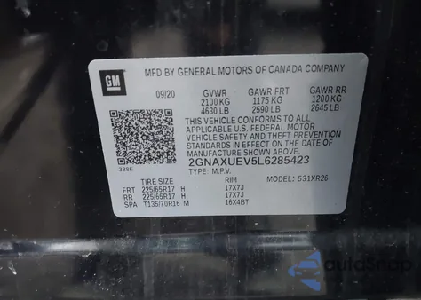 2020 Chevrolet Equinox Awd Lt 1.5L Turbo z USA, uszkodzony, nr VIN 2GNAXUEV5L6285423